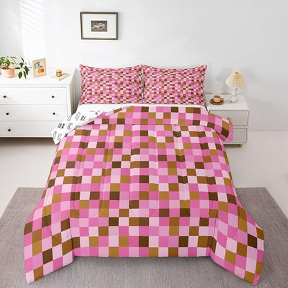 Manfei Pixel Grid Theme Bedding Set King Size,Cartoon Gamepad Comforter Set with 2 Pillowcases,Abstract Simple Bed Quilt,Brown Pink Quilt Sets Home Decor,Women Men Birthday Gift