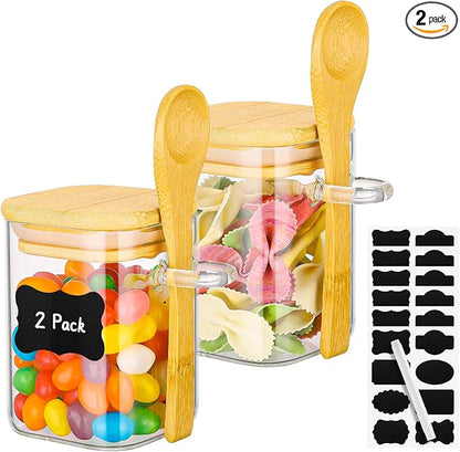 Glass Jars with Bamboo Lids and Spoons - 2 Pack 6 Fl.oz Square Glass Spice Jars with Lid, Kitchen Canisters for Countertop, Stackable Small Pantry Container for Jam, Tea, Coffee and Sugar