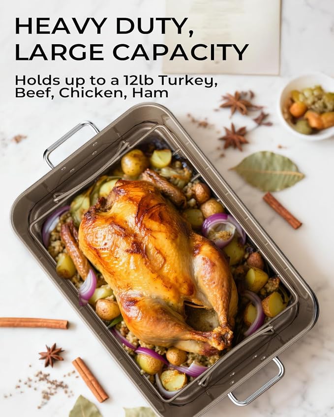 Turkey Roasting Pan with Rack Non stick Carbon Steel Roaster 16x11 Inch, Dishwasher Safe, Deep Baking Broiler Pan for Oven Chicken, Bacon, Golden
