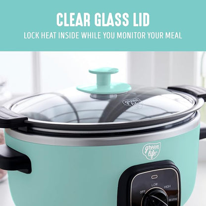 GreenLife 3.5QT Slow Cooker, PFAS-Free Non-Toxic Ceramic Nonstick Removable Interior Bowl, Programmable, Keep Warm, Stovetop & Oven Safe, Dishwasher Safe Crock, Glass Lid, Turquoise
