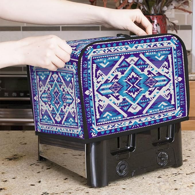 4 Slice Blue Ethnic Aztec Toaster Cover Waterproof Dust Fingerprint Bread Machine Cover Washable Kitchen Appliance Protector For Home Kitchen Bakeware Table Decor Women Gifts