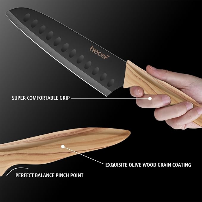 hecef Vintage Kitchen Knife Set of 3, Stainless Steel Blade with Black Non-stick Coating, Sharp Kitchen Knives Includes Santoku, Utility, Paring