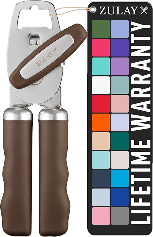 Zulay Kitchen Heavy Duty Stainless Steel Can Opener Manual with Bottle Opener - Rust Proof Manual Can Opener With Turn Knob & Comfy Soft Grip Handles - Brown