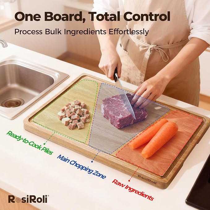 Acacia Wood Cutting Board for Kitchen - 17"x12" Large Chopping Board with Juice Grooves & Handles, 0.7" Thick Butcher Block for Meat and Veggies, Gift for Dad