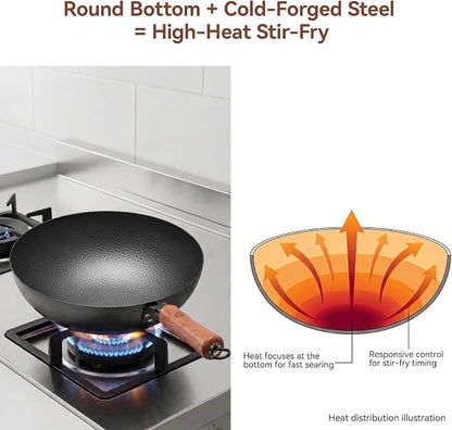 WANGYUANJI 11 Inch Round Bottom Iron Wok, Hand-Hammered Uncoated Wok with Wooden Handle, Traditional Stir-Fry Pan for Gas Stove or Wok Ring, Not for Flat Cooktops