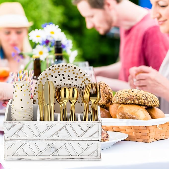 Marsui Paper Plate Dispenser, Wood Rustic Paper Plate Holder for Countertop with Drawer Silverware Utensil Caddy, Cutlery Flatware Organizer for Spoon Fork Napkins Kitchen Parties(Retro Aged White)