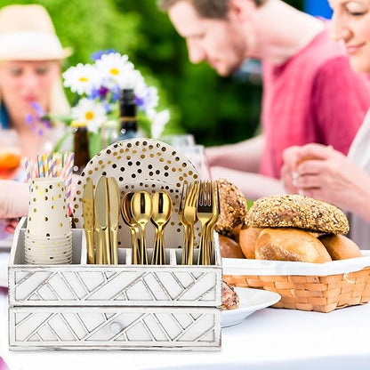 Marsui Paper Plate Dispenser, Wood Rustic Paper Plate Holder for Countertop with Drawer Silverware Utensil Caddy, Cutlery Flatware Organizer for Spoon Fork Napkins Kitchen Parties(Retro Aged White)