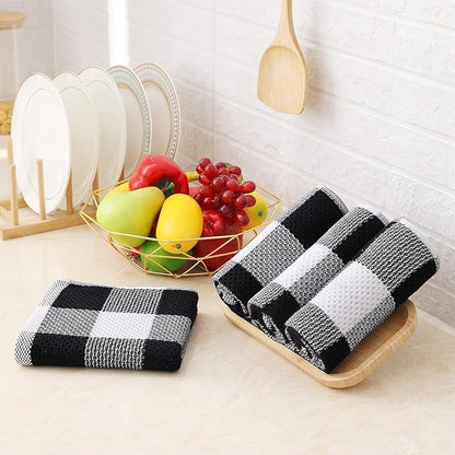 Homaxy Kitchen Towels and Dishcloths Set, 12 x 12 and 13 x 28 Inches, Set of 10 100% Cotton Waffle Weave Check Plaid Kitchen Dish Towels, Super Soft and Absorbent Dish Cloths, White & Black