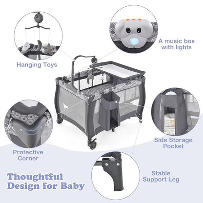 INFANS 3 in 1 Pack and Play, Portable Travel Baby Bassinet with Detachable Mattress, Changing Table, Foldable Playpen with Carry Bag, 2 Wheels (Classic)