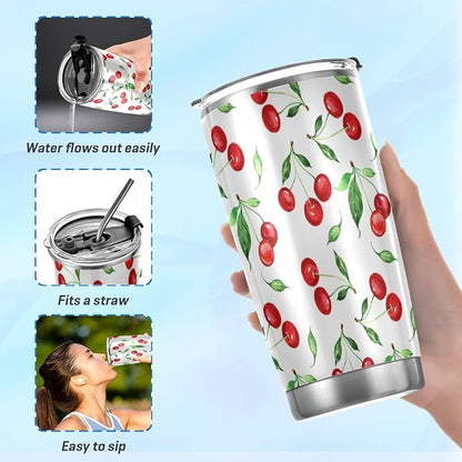Tumbler Cherry Green Leaves Insulated Office Coffee Cup Back to School Beverage Container Travel Mug with Straw and Lid Double Wall Stainless Steel 20oz