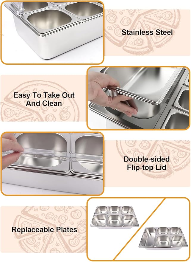 Pizza Topping Station 7 Pans Stainless Steel Spice Organizer Salad Bar Buffet Station with Spoons Ice Boxes Buffet Containers Set for Sauce Jam Ingredient Kitchen Restaurant Pantry