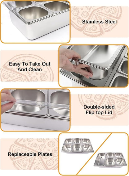 Pizza Topping Station 7 Pans Stainless Steel Spice Organizer Salad Bar Buffet Station with Spoons Ice Boxes Buffet Containers Set for Sauce Jam Ingredient Kitchen Restaurant Pantry