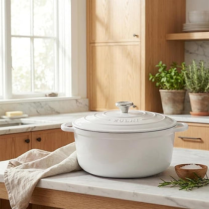Zulay Kitchen 5 Quart Enameled Cast Iron Dutch Oven Pot with Lid – Premium Durability & Oven Safe up to 500°F – Heavy Duty Cookware Perfect for Bread Baking, Stews, Braising & Roasting – White
