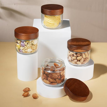 Bumobum 8 oz Glass Mason Jars with Lids, Small Glass Container with Acacia Wood Airtight Lid, Wide Mouth Canisters for Chia Pudding Loose Tea Coffee Salad Snacks Yogurt Spice, 2-Pack