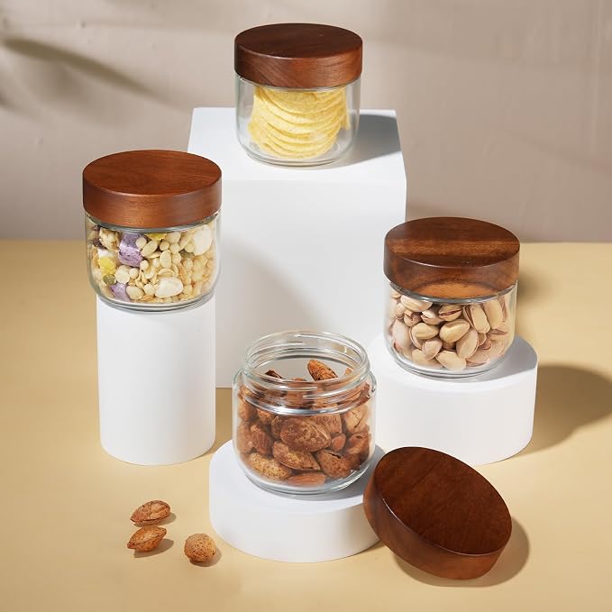 Bumobum 8 oz Glass Mason Jars with Lids, Small Glass Container with Acacia Wood Airtight Lid, Wide Mouth Canisters for Chia Pudding Loose Tea Coffee Salad Snacks Yogurt Spice, 6-Pack