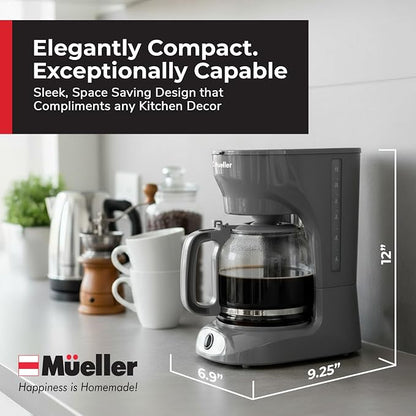 MUELLER HOME 12-Cup Drip Coffee Maker Perfect for Home or Office, Borosilicate Carafe, Auto-Off, Reusable Filter, Anti-Drip, Keep-Warm Function, Clear Water Level Window, Gray
