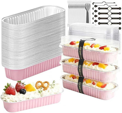 100 Pack Mini Cake Pans with Lids and Spoons, Mini Loaf Baking Pans 6.8oz, Small Disposable Aluminum Foil Loaf Pans, Rectangular Baking Containers for Party and Picnics, Cheesecake Pans (Pink)
