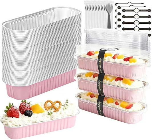 100 Pack Mini Cake Pans with Lids and Spoons, Mini Loaf Baking Pans 6.8oz, Small Disposable Aluminum Foil Loaf Pans, Rectangular Baking Containers for Party and Picnics, Cheesecake Pans (Pink)