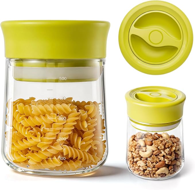 Airtight Glass Storage Jar with Rotary Lid, 17oz Borosilicate Decorative Glass Container Jar with Measurement Marks, Wide Mouth Mason Jar for Coffee Beans, Overnight Oats, Sugar, Snacks, Nuts