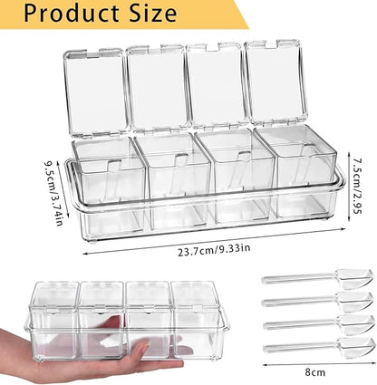 Clear Seasoning Box, 4 Pieces Seasoning Rack Spice Pots, Storage Container Condiment Jars Acrylic with Cover and Spoon for Sugar Salt Cardamon Cinnamon Tea Herbal (Basic Clear)