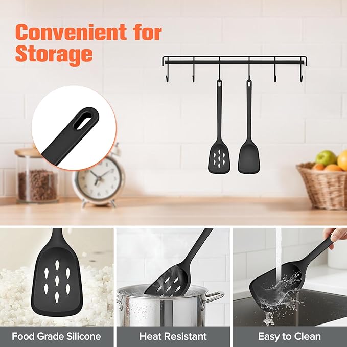 Silicone Cooking Spatula&Slotted Spatulas, Pack of 2,Solid Turner Kitchen Utensils Set for Cooking,Frying, Baking, Flipping, Turning,Heat Resistant 450℉ (BLACK)