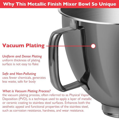 5 Quart Metallic Finish Stainless Steel Mixer Bowl for KitchenAid Classic&Artisan Series 4.5-5 QT Tilt-Head Mixer, Gray Color, Silicone Scraper, Dishwasher Safe, Fit K45SS KSM75 KSM90 KSM150