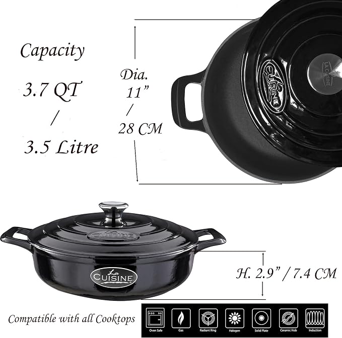 La Cuisine Enameled Cast Iron Braiser Sauté Pan Shallow Casserole with lid, 3.75 Quart 11" Dia. Matt Black Enamel Coating Interior, Glossy Black Exterior, Oven Safe, Induction Cooktop Compatible