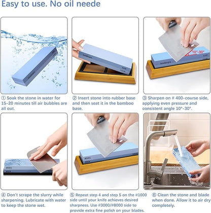 Intelitopia Complete Knife Sharpening Stone Set – Dual Grit Whetstone 400/1000 3000/8000 Knife Sharpener with Leather Strop, Flattening Stone, Bamboo Base, 3 Non-slip Rubber Bases & Angle Guide