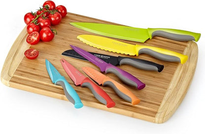 Cook N Home Basics Cutlery Kitchen Knife Set, Coated Carbon Stainless Steel Knife Set with Sheaths, Non-stick Sharp Blades, Multicolor, 14-Piece with Ergonomic Handles