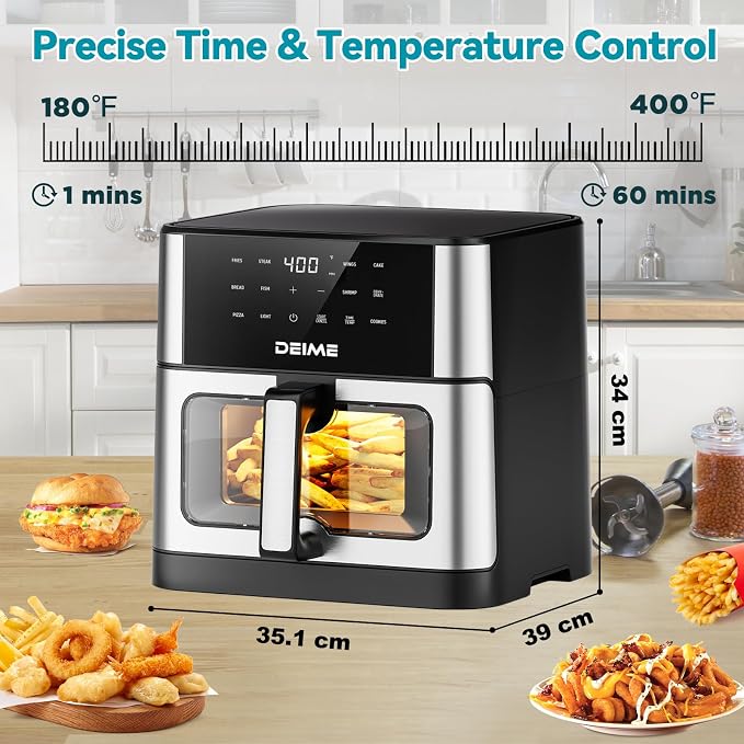 DEIME Air Fryer 10.2 QT, 1700W Large Capacity with 10 Preset, Visual Cooking Window, Non-Stick Basket, Recipe Included (Silver+TR)