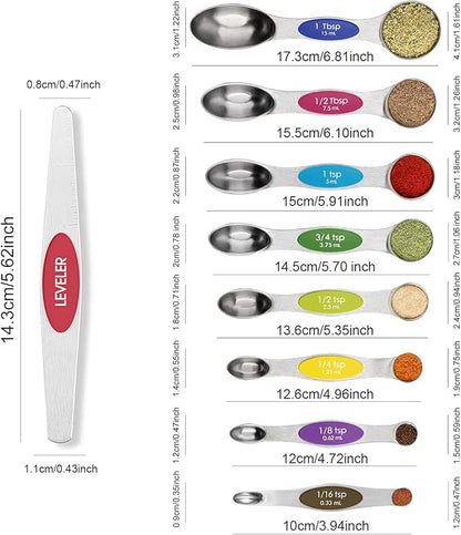 Magnetic Measuring Spoons Set Stainless Steel with Leveler, 9pcs Multicolors Measuring Cups Set for Baking, Measuring Cups and Spoon Set Kitchen Gadgets Apartment Essentials Fits in Spice Jars