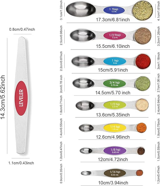 Magnetic Measuring Spoons Set Stainless Steel with Leveler, 9pcs Multicolors Measuring Cups Set for Baking, Measuring Cups and Spoon Set Kitchen Gadgets Apartment Essentials Fits in Spice Jars