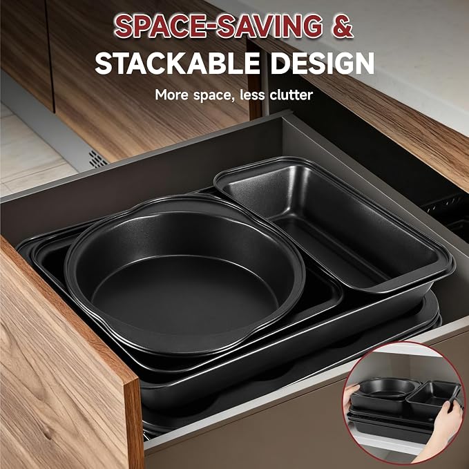 Unokit 8-Piece Nonstick Baking Pans Set - Stainless Steel Bakeware Set Stackable Trays with Cookie Sheets, Cake, Loaf, Round & Square Pan and Cooling Rack, Dishwasher & Oven Safe