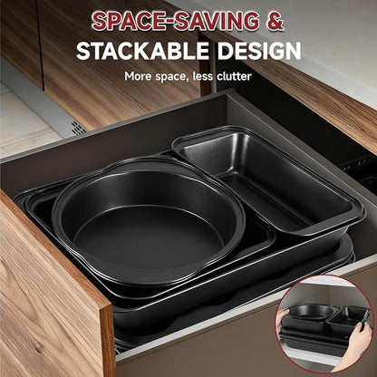 Unokit 8-Piece Nonstick Baking Pans Set - Stainless Steel Bakeware Set Stackable Trays with Cookie Sheets, Cake, Loaf, Round & Square Pan and Cooling Rack, Dishwasher & Oven Safe