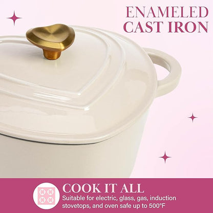 Paris Hilton Enameled Cast Iron Dutch Oven Pot with Lid, Heart-Shaped Dutch Oven, Durable Cast Iron Pot with Dual Handles, Oven Safe to 500°F, Works on All Stovetops, 4-Quart, Cream