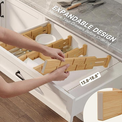 Bamboo Drawer Dividers, Expandable Kitchen Drawer Organizer, Include 6 Dividers, 6 Small Inserts and 6 Medium Inserts for Home, Office, Dressers