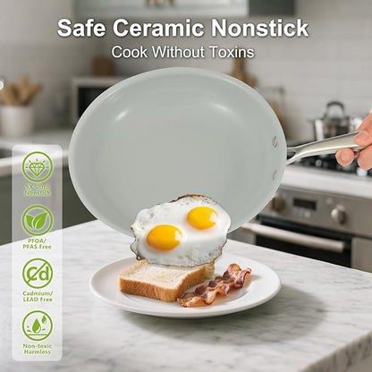 Pots and Pans Set Nonstick, 5-Piece Ceramic Cookware Set, Stainless Steel Handles, Induction Compatible & Oven Safe, Non Toxic Healthy Cooking Set for RV & Apartments, Cream White