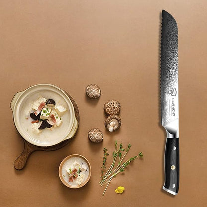 Bread Knife 8 inch Professional Japanese Damascus Stainless Steel with Black Premium G10 Handle, Ergonomic Pro Kitchen Knife, Superb Edge Retention, Stain & Corrosion Resistant