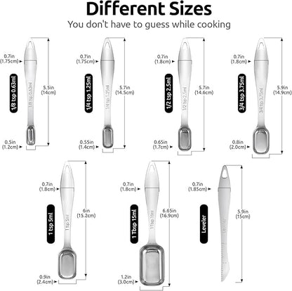 U-Taste Narrow Square Measuring Spoons: 18/8 Stainless Steel Kitchen Measure Teaspoon Tablespoon with Leveler, Polygon Rectangular Metal Jar Scoop for Baking Cooking, Coffee, Spice, Powder (Set of 7)