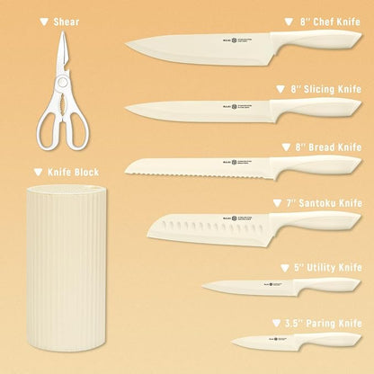 Knife Set, 8-Piece Kitchen Knife Set with Universal Block - Anti-Rust Chef Knives, Ergonomic Design, Dishwasher Safe (Cream)