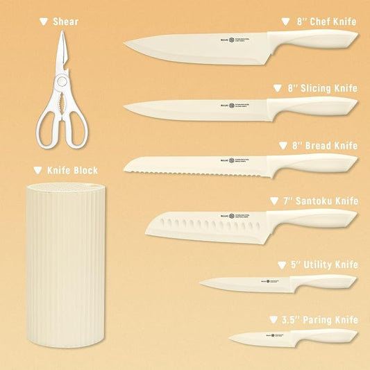 Knife Set, 8-Piece Kitchen Knife Set with Universal Block - Anti-Rust Chef Knives, Ergonomic Design, Dishwasher Safe (Cream)