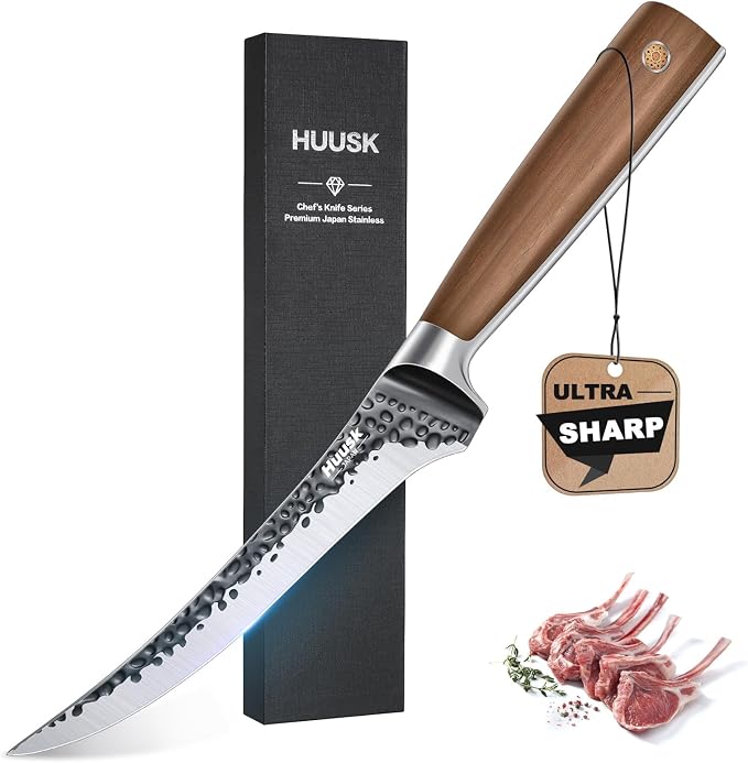 Huusk Boning Knife 6 Inch Fillet Knife for Meat Brisket Trimming Knives Japan Hand Forged Deboning Knives Full Tang Meat Cutting Butcherig for Kitchen Cooking BBQ