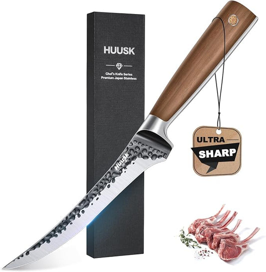 Huusk Boning Knife 6 Inch Fillet Knife for Meat Brisket Trimming Knives Japan Hand Forged Deboning Knives Full Tang Meat Cutting Butcherig for Kitchen Cooking BBQ