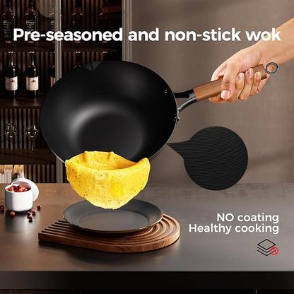Sanho 12.6 Inch Carbon Steel Wok Pan, 5QT Woks & Stir-Fry Pans Nonstick with Lid, No Seasoning Required & 0 Coating, Compatible with All Cooktops & Utensils for Stir Fry, Pan-Fry, Steam, Camping