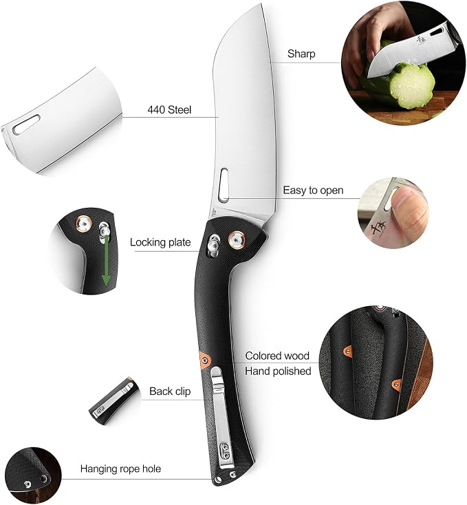 SENBON 440 Stainless Steel Super Sharp Pocket Folding Chef Utility Knife - Peeling, Fruit Knife - G10 Handle
