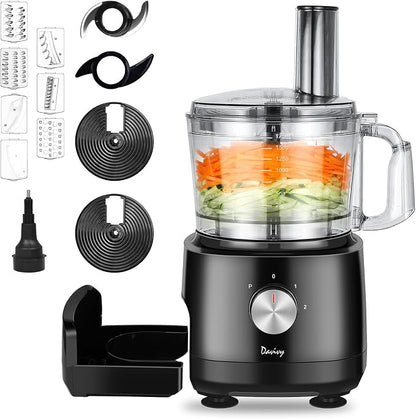 Davivy 7-Cup Food Processor with Built-in Storage Drawer | 600W Motor, 9-Blade Set for Wavy Slicing, French Fries, Dough Kneading | 3-Speed Compact Chopper for Home Kitchen Meal Prep, Black