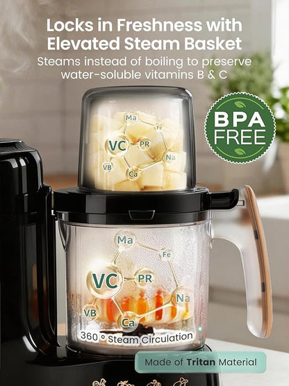 Grownsy Baby Food Maker with Dual-Layer Steam Basket | Baby Food Processor for Starting Solids & Babies 6+ Months | Steamer Blender & Puree Machine for Healthy Baby Food, BPA-Free,Black & Gold