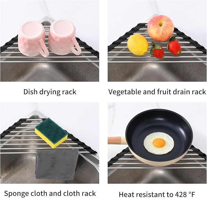 Triangle Dish Drying Rack for Sink Corner, 18/8 Stainless Steel with Thickened Silicone Edge, Roll-Up Space Saving Sink Caddy, Non-Slip Sponge Holder & Drainer Mat for Kitchen Counter