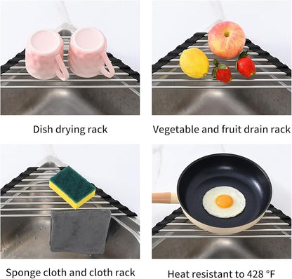 Triangle Dish Drying Rack for Sink Corner, 18/8 Stainless Steel with Thickened Silicone Edge, Roll-Up Space Saving Sink Caddy, Non-Slip Sponge Holder & Drainer Mat for Kitchen Counter