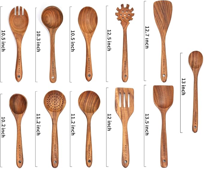11 Pcs Wooden Kitchen Utensils Set - Wooden Spoons, Spatulas and More for Cooking